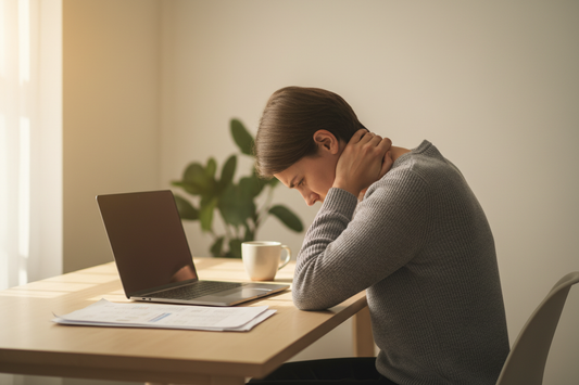 Person sitting at a desk holding their neck in pain